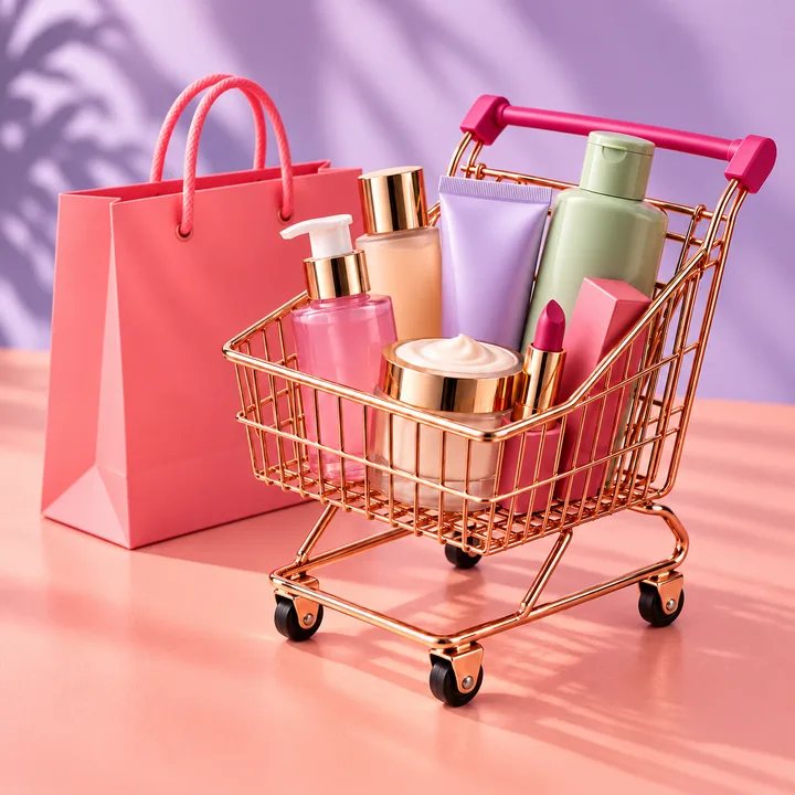 A colourful cart of beauty essentials and a pink shopping bag
